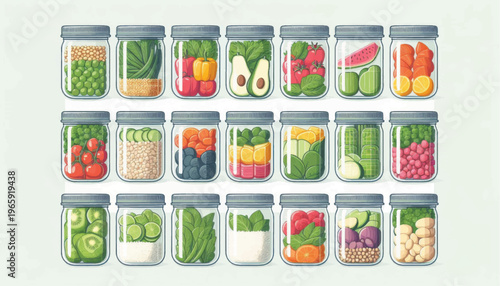 Assorted Vegetables and Fruits in Jars.
