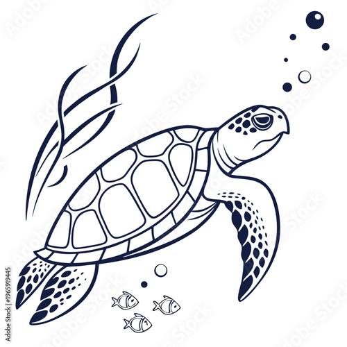 Sea turtle swimming underwater with small fish bubbles and seaweed in minimalist black and white line art vector illustration for marine life theme