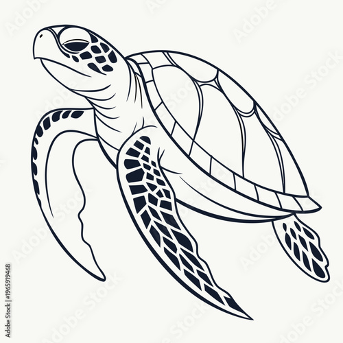 Elegant sea turtle gliding through water in profile view stylized line art vector illustration for conservation and marine biology related projects