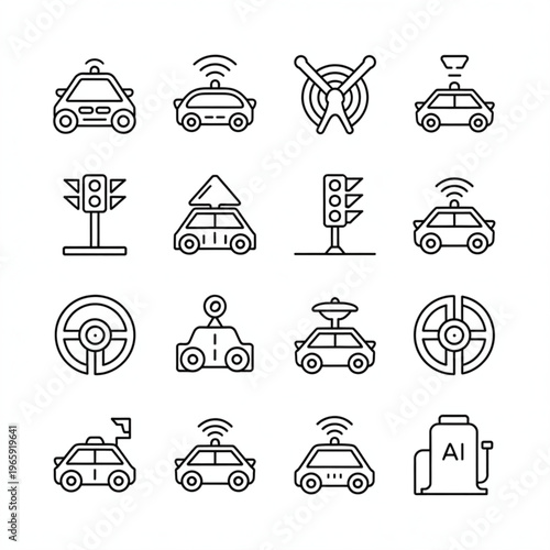 Autonomous vehicle including cars traffic lights and steering wheels