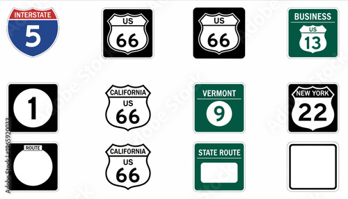 Various road signs and highway markers on display for reference
