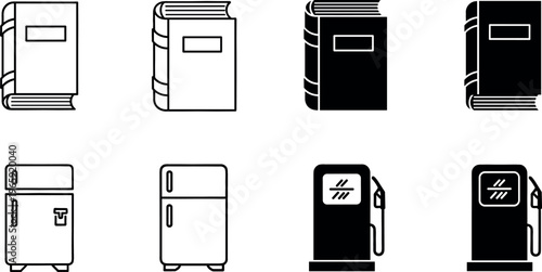 Book, Refrigerator, and Fuel Pump Icon Set for Storage, Household, and Gas Station Applications