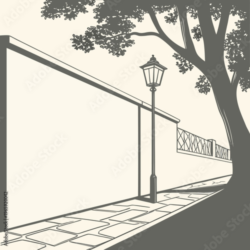 A black and white illustration of a street lamp on a sidewalk