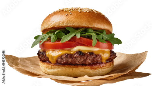 Fotografía Grilled beef cheeseburger with fresh ingredients, isolated on transparent backgr