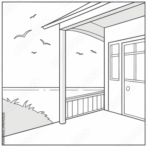 A covered porch with a door and birds flying overhead