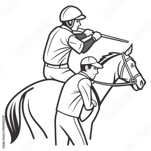 A jockey riding a horse with a groom