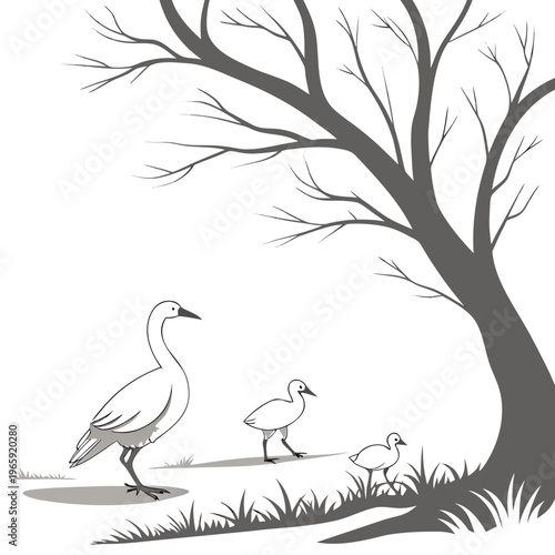 A mother duck and her ducklings walking near a tree