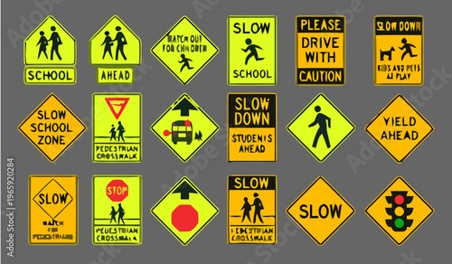 A collection of various road signs for school zones and traffic warnings are displayed on a gray background.