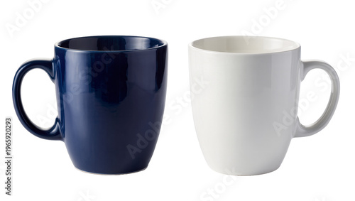 Glossy dark blue and white ceramic mugs, isolated on transparent background