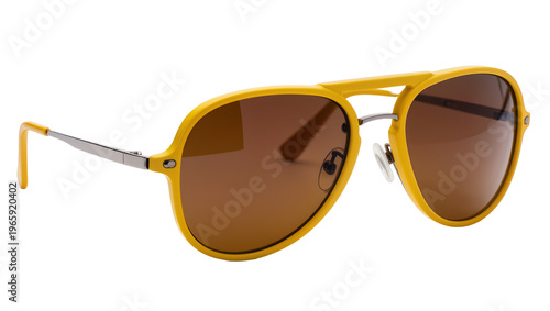 Fotografie Yellow plastic aviator sunglasses with brown lenses, isolated on transparent bac