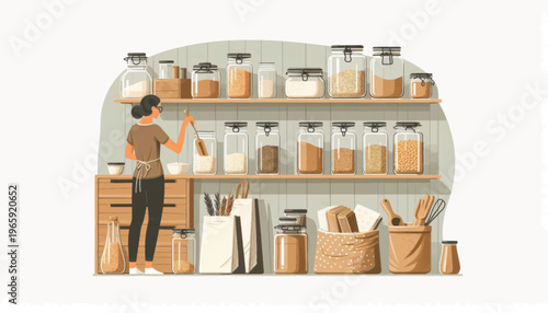 Woman Organizing Kitchen Storage with Jars.