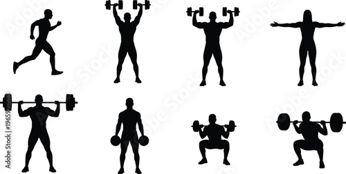 Gym fitness vector silhouette collection featuring bodybuilding athletes weightlifting with dumbbells and barbells plus running icons for flavector brand portfolio.