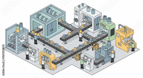 Modern automated factory production line with robotic arms and conveyor belts, illustrating advanced manufacturing processes and industrial technology