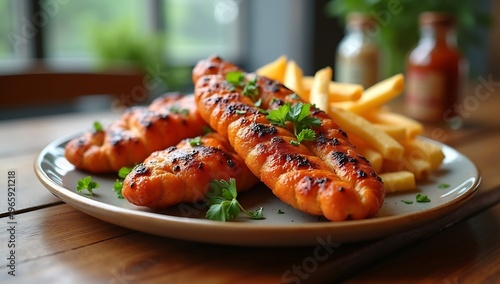 Three plump, savory grilled sausages with crispy golden french fries and fresh parsley garnish on a rustic plate.