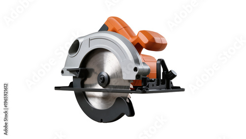 Orange and silver circular saw, isolated on transparent background for construction