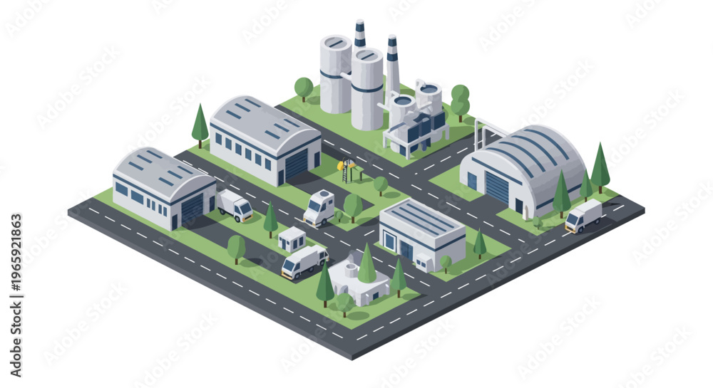 Obraz premium Isometric Industrial Park with Factories and Warehouses.