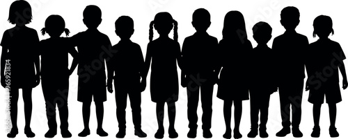 Group of children silhouettes standing together isolated on white background representing diversity, childhood, friendship, and unity concept in education