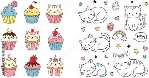 Adorable Kawaii Cupcakes, Cats, and Rainbow Stickers Set with Cute Expressions, Hearts, and Sweet Treats