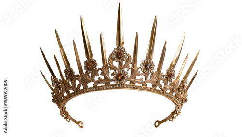 Fotografie Golden ornate crown with filigree and jewels, isolated on transparent background
