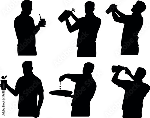 Bartender mixing cocktails and serving drinks silhouette set isolated on white background representing bar service, nightlife, beverage preparation, and hospitality concept
