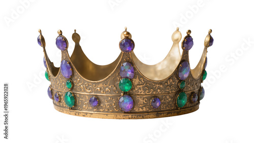 Fotografie Regal antique gold crown embellished with sparkling purple and emerald jewels, i
