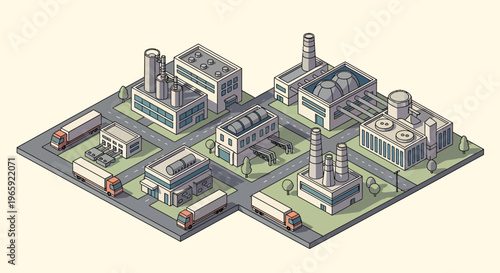 Isometric view of a detailed industrial complex with factories and trucks.