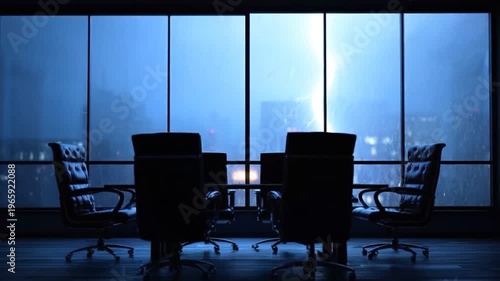 Silent Pact: A contemporary meeting room exudes an aura of power and confidentiality. Silhouette chairs encircle a polished table, beneath vast windows unveiling a city skyline.