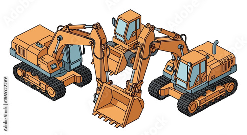Three heavy-duty excavators with large digging buckets ready for construction work.