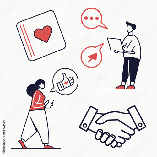 Business collaboration with online interaction and agreement concept, people using technology for communication and approval with handshake icon