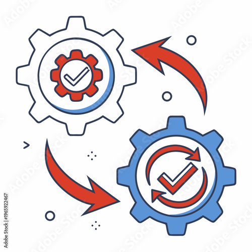 Data synchronization process icon with gears and checkmark symbols in flat line art style for cloud backup computing and file transfer operations