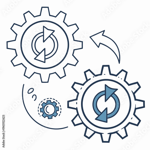 Set of two gears with circular arrows indicating continuous refresh, update, and synchronized workflow process