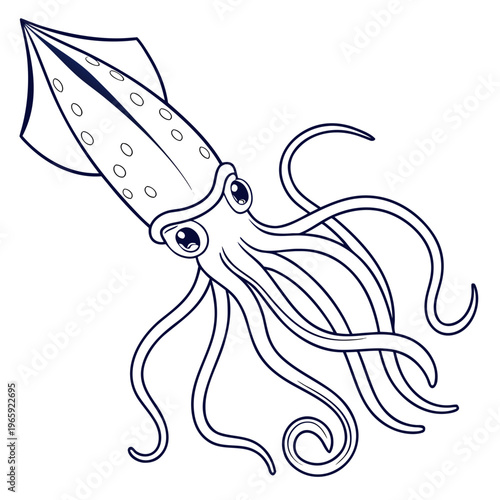 Squid line art vector illustration with spotted pattern and curly tentacles for creative graphic design projects or coastal themed decorative prints