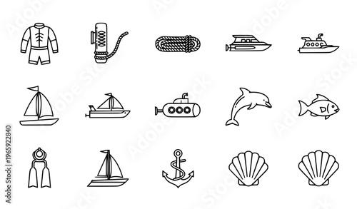 Marine outline icon set with dolphin fish submarine sailboat and diving elements for UI design