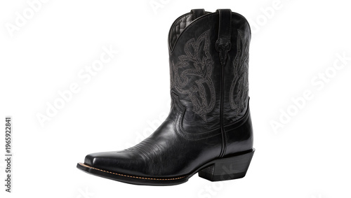 Foto Black leather cowboy boot with ornate stitching, isolated on transparent backgro