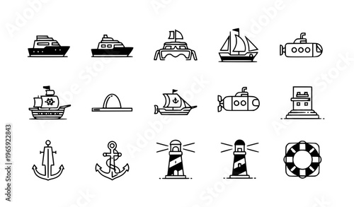 Modern vessel line icon collection with boat submarine sailing ship and nautical elements