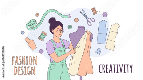 A young woman fashion designer creating a new dress on a mannequin, surrounded by sewing tools and design elements, illustrating creativity in fashion.