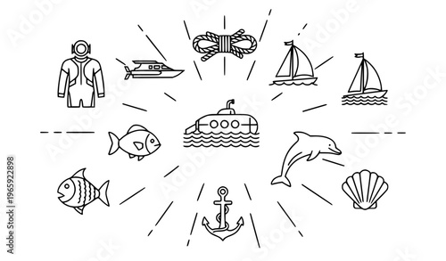Ocean and marine outline icon collection with dolphin fish submarine and nautical symbols for web UI