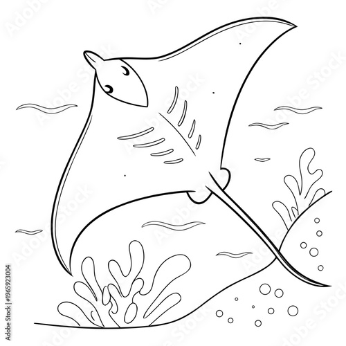 Manta ray swimming in ocean with coral and waves, simple line art illustration for coloring, underwater scene with marine life and plants