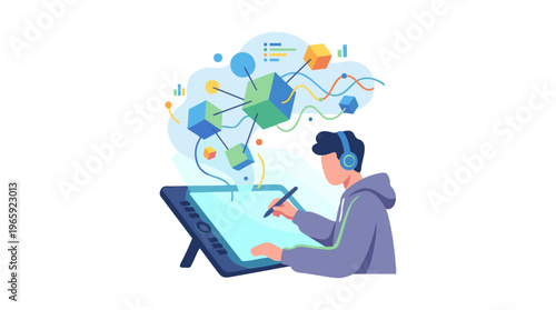 A person using a digital drawing tablet with a stylus, surrounded by abstract data visualization and creative design elements.