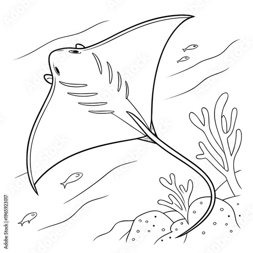 Manta ray swims among small fish and coral, detailed line art illustration, underwater ocean scene with marine life and seabed elements