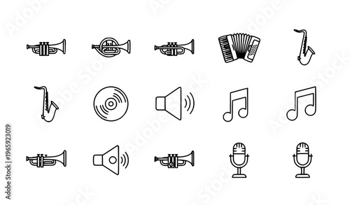 Trumpet and music outline icon set with saxophone accordion horn and audio symbols for UI design