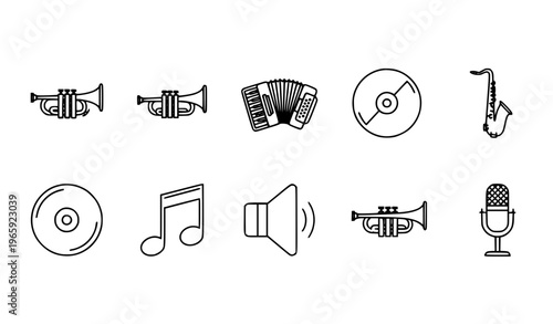 Music instrument outline icon collection with trumpet saxophone accordion and audio symbols for web UI