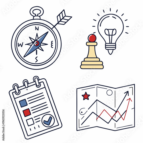 Business roadmap navigation icons collection with compass lightbulb pawn chess piece check list and analytical map for planning corporate objectives