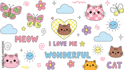 Adorable Kawaii Cat, Butterfly, Cloud, and Flower Icons Set with Positive Messages and Cute Pink and Yellow Colors