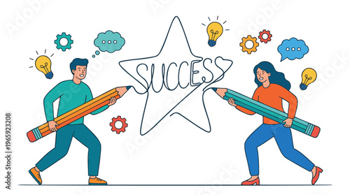 Man and woman collaborating to draw a star with the word success, symbolizing teamwork, ideas, and achievement in business.