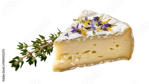 Obraz na płótnie Soft cheese wedge with white rind garnished with colorful edible flowers and a g