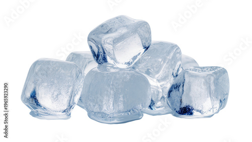 Fotografie Clear blueish ice cubes stacked, isolated on transparent background for drinks