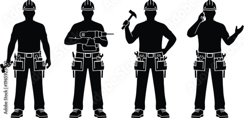 Construction worker silhouette set, builder tools, hard hat, industrial labor, repair service, handyman concept, maintenance work, professional technician, equipment illustration collection