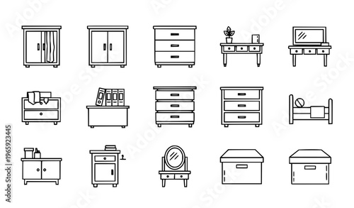 Cabinet and storage outline icon set with closet drawer cupboard and furniture elements for UI design