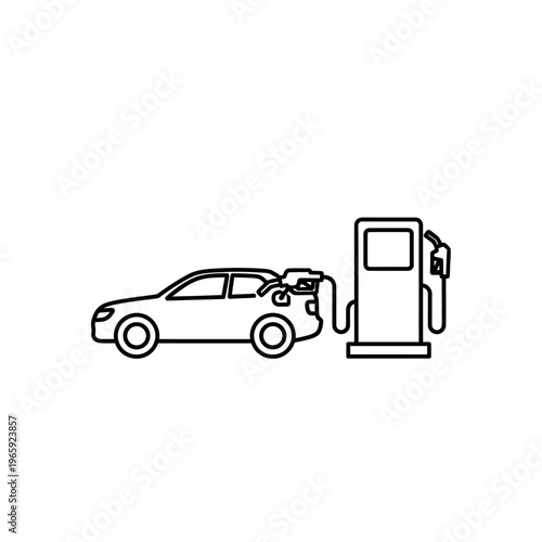 Simple black icon of a car being refueled at a pump. Clean and minimal design perfect for transport and fuel service concepts.